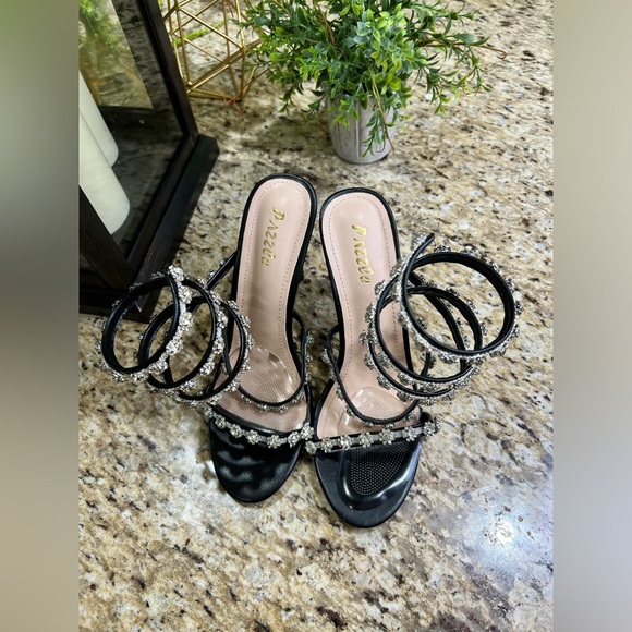 Pazzle Rhinestone Crystal Black/Silver Ankle Wrap High Heel Sandals - Picture 4 of 15